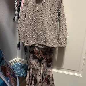 Textured Beige Sweater and Printed Skirt Set